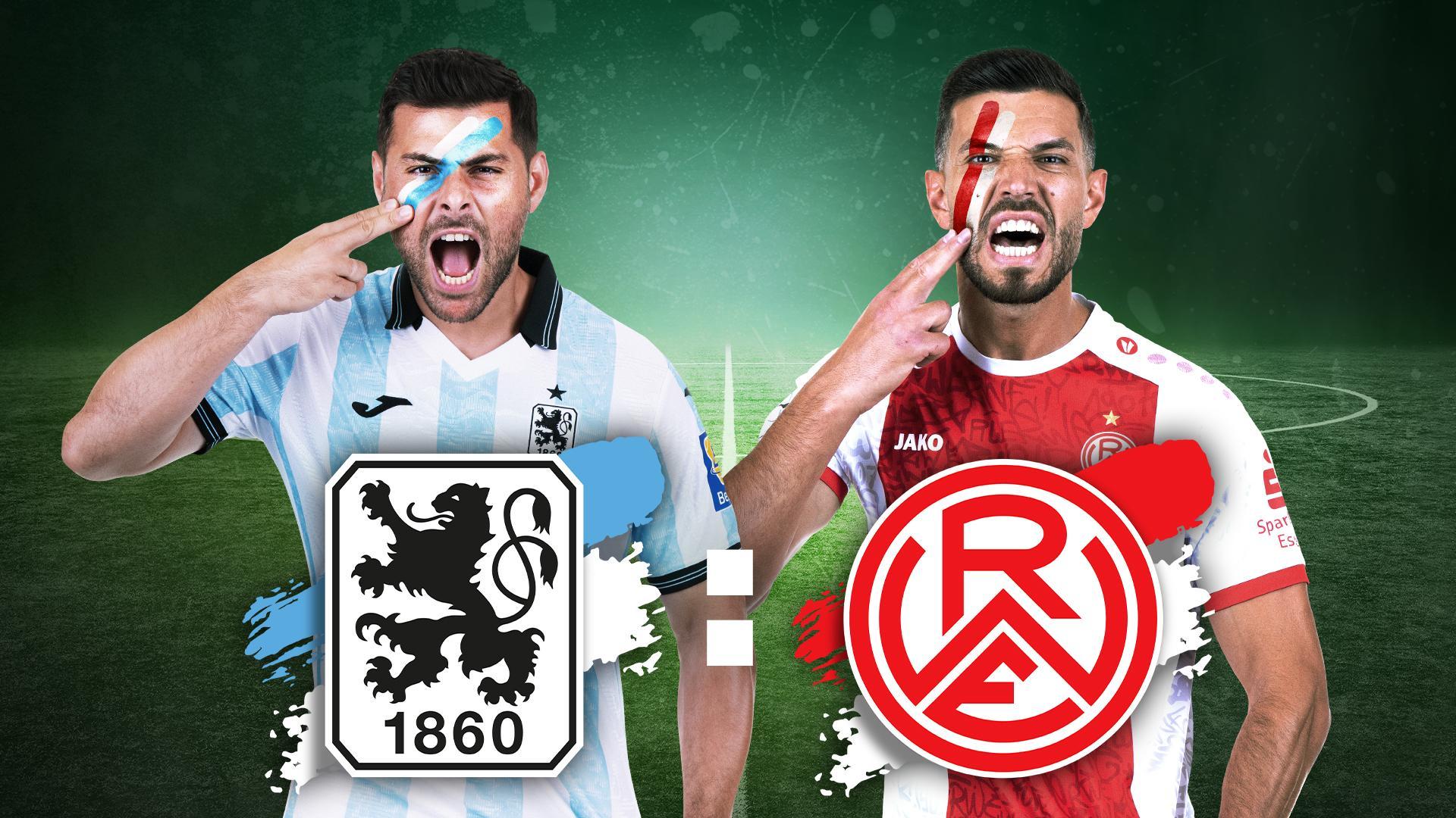 Werbegrafik mit Spielern von 1860 München und RW Essen mit Vereinslogos.